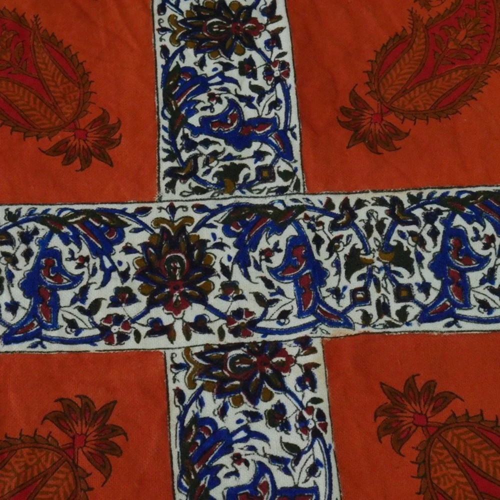 Vintage Hand Block Print Cotton Tablecloth Orange Paisley Fringe Boho 37